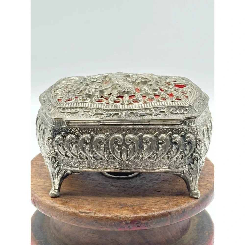 Vintage Filagree Footed Jewelry Box Casket Ornate Angel Red Velvet Lining Japan